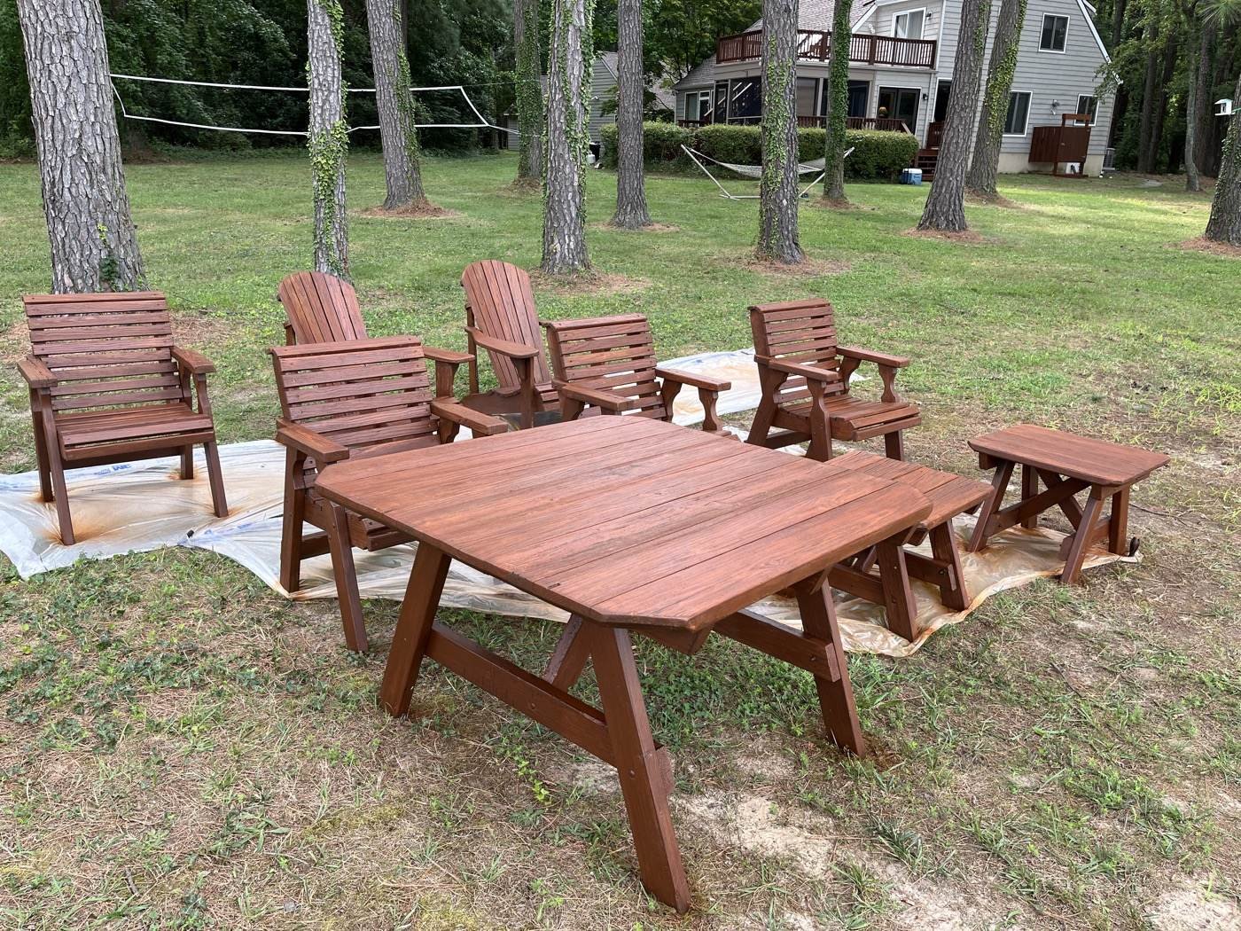 Freshly stained outdoor chairs, table, and benches — Talbot County MD